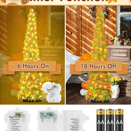 [ Timer ] 6Ft Lighted Fall Pop Up Tree - Artificial Fall Tinel Maple Tree with 100 Warm Lights, Battery Operated Collapsible Pencil Tinsel Fall Trees for Autum Harvest Thanksgiving Porch Home Decor