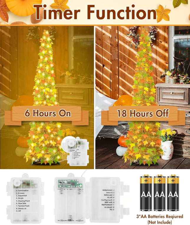 [ Timer ] 6Ft Lighted Fall Pop Up Tree - Artificial Fall Tinel Maple Tree with 100 Warm Lights, Battery Operated Collapsible Pencil Tinsel Fall Trees for Autum Harvest Thanksgiving Porch Home Decor