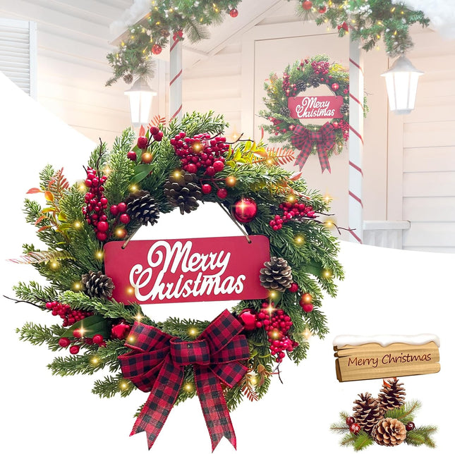 Christmas Wreaths for Front Door: Pre-lit Artificial Christmas Wreath with Lights & Welcome Sign, Lighted Christmas Decorations with Pine Cones/Berries/Bows Holiday Decor for Indoor Outdoor (20 Inch)
