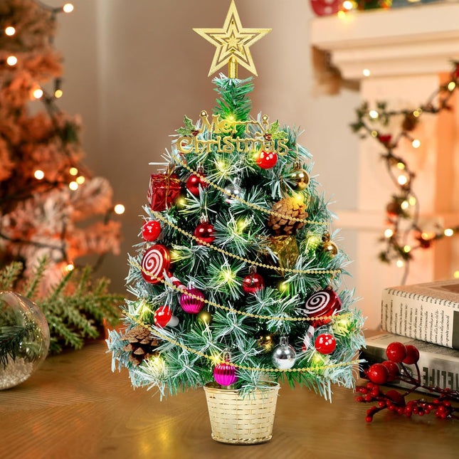 Tabletop Small Xmas Trees, 20" Prelit Mini Christmas Trees with Lights,Battery Operated Artificial Trees with Ball Ornaments,Xmas Lighted Decorations for Home Kitchen Dining