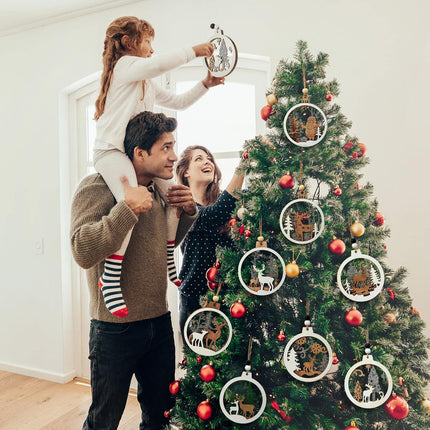 Coume 24 Pcs Christmas Wooden Ornaments Christmas Tree Ornaments Hollow Winter Ornaments Wood Craved Hanging Craft Decorations Farmhouse Rustic 3D Glitter Reindeer Santa Snowman, 12 Designs