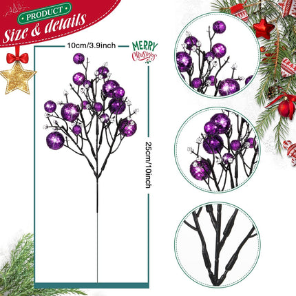 24 Pieces Christmas Glitter Berries Stems 10 Inch Christmas Berry Picks Artificial Glittered Berries Ornaments Floral Stems for Christmas Tree, Home Wreath, Party Decoration (Purple)