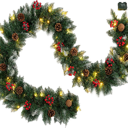 9FT Artificial Christmas Garland Pre-Lit with 50 LED Lights, Battery Powered, Decorated with Snowflakes, Pine Cones, Red Berries, Needle for Mantle Stairs, Indoor Outdoor Decorations