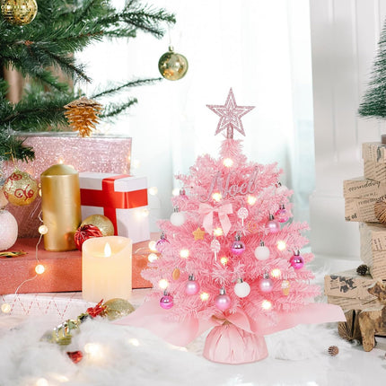 20" Mini Pink Christmas Tree Table Top Christmas Tree Artificial Xmas Tree Small Christmas Tree with Lights, Star Treetop and Balls, Tabletop Christmas Tree for Girls Rooms