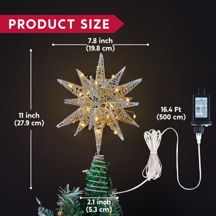 JOIEDOMI 11in Metal 3D Glitter Star Christmas Tree Topper Silver Tree Topper, 36LED Warm White with Plug Timer Star Tree Topper Ornaments Christmas Tree Decorations Home Holiday Party Indoor Decor