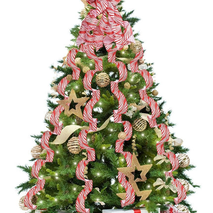 Christmas Tree Decoration Set Include Christmas Tree Topper Bow, Decorative Strips Ribbon, Christmas Tree Skirt with Annual Ring for Farmhouse, Wreath Crafts Decorations (Candy Style,47 Inch)