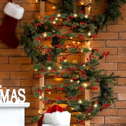 Riceshoot 2 Pcs Christmas Garlands Total 19.68 ft, Smokey Pine Garland with Red Berry Pine Cone, Christmas Greenery Garland for Xmas Home Indoor Party Outdoor Staircase Railing Banister