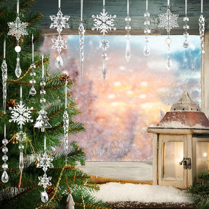 25Pcs Crystal Christmas Ornaments, Acrylic Hanging Snowflake Decorations Icicle Ornaments for Winter Year Party Decor, Xmas Tree Decorations Supplies