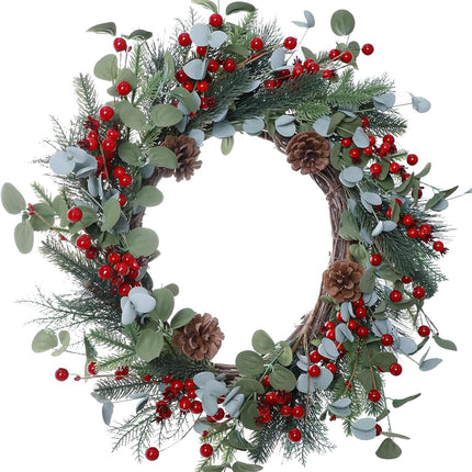 20 Inches Christmas Wreath Winter Wreaths Holiday Christmas Wreaths for Front Door Christmas Berry Wreath with Pine Needles Pine Cones Red Berries for Window Indoor Outdoor Winter Decorations