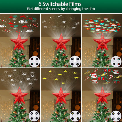 Christmas Tree Topper Lighted with 6 Projected Patterns -Christmas Star Tree Topper Built-Led Rotating Lights -3D Glitter Dynamic Projector for Indoor Xmas Year Holiday Party Decorations