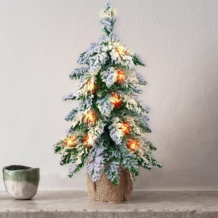 Small Christmas Tree with Lights, Prelit Mini Artificial Christmas Tree for Tabletop Decorations, Snow Flocked, Battery Operated Table Xmas Tree for Bedroom, Office, Small Spaces, 18 inch