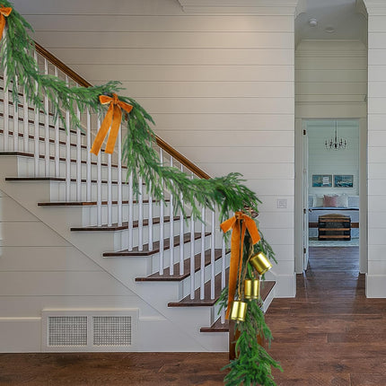 1 Pcs Norfolk Pine Garland with 1 Pc Khaki Velvet Ribbon 3 Pcs Rustic Iron Wrought Bell for Christmas Home Decor(15 Ft)
