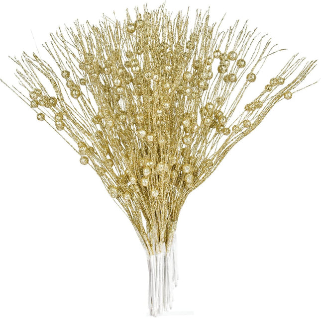 Lvydec 22pcs Christmas Glitter Berries Stems, 17" Artificial Christmas Picks for Christmas Tree Ornaments, DIY Xmas Wreath, Crafts, Holiday and Home Decor (Gold)