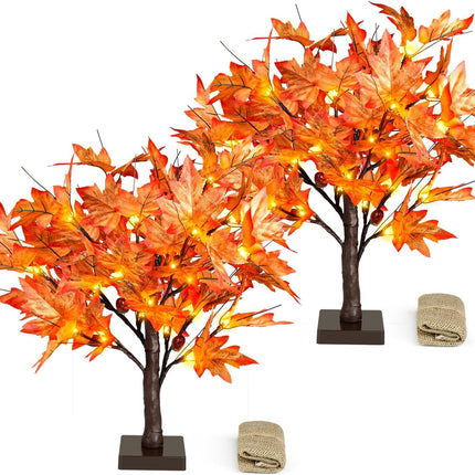 18 Inch Lighted Maple Tree with 36 Lights, 72 Leaves, 6 Acorn, Timer Battery Operated Tabletop Artificial Fall Tree for Thanksgiving Harvest Home Decor, Fall Table Decorations (18 Inch 2 Pack)