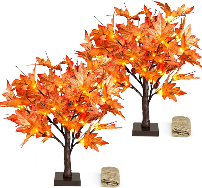 18 Inch Lighted Maple Tree with 36 Lights, 72 Leaves, 6 Acorn, Timer Battery Operated Tabletop Artificial Fall Tree for Thanksgiving Harvest Home Decor, Fall Table Decorations (18 Inch 2 Pack)