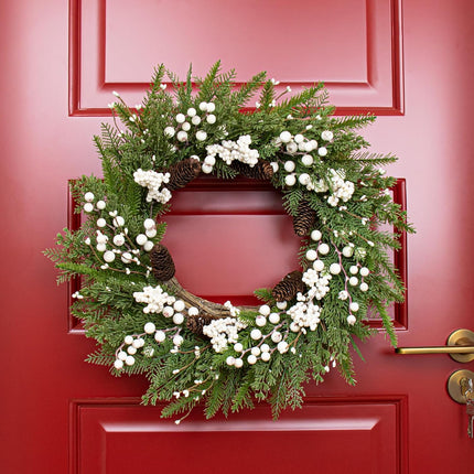 Outdoor Christmas Wreath 22 Inch Winter Wreaths for Front Door Artificial Norfolk Pine Wreath with White Berries and Pine Cones for Xmas Holiday Decoration