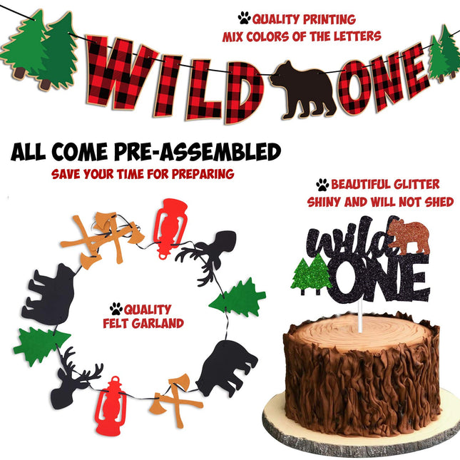 Wild 1st One Birthday Decorations Pack - Buffalo Plaid Christmas Winter Bear Woodland Camping Hunting Lumberjack-Themed Baby Shower Bday Party Supplies Includes Glitter Cake Topper Banner and Balloons
