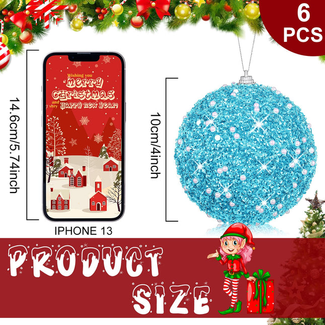 6 Pcs Christmas Ball Ornaments Glitter Sequin Foam Ornaments Hanging Christmas Tree Ball Decorations Indoor Outdoor for Xmas Wedding Party Holiday Decor(Light Blue,4 Inch)