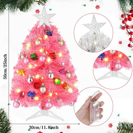 20 Inch Tabletop Mini Christmas Tree Set with LED Lights Artificial Small Christmas Tree DIY Christmas Decor Christmas Tree Ornaments Balls, Star Treetop for Home Indoor Table Desk (Pink)