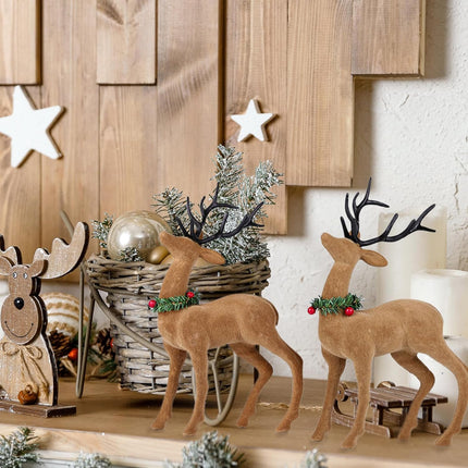 2pcs Reindeer Christmas Decorations, Flocking Christmas Reindeer Figurines with Red Berry and Pine Needle, Deer Décor Christmas Table Decorations, Christmas Table Centerpieces