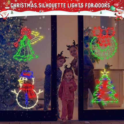 Christmas Window Silhouette Lights Decorations Pack of 4 Lighted Snowman, Trumpeting Angel, Wreath, Christmas Tree Christmas Window Lights with 50 Bulbs for Holiday Indoor Wall Door Glass Decorations