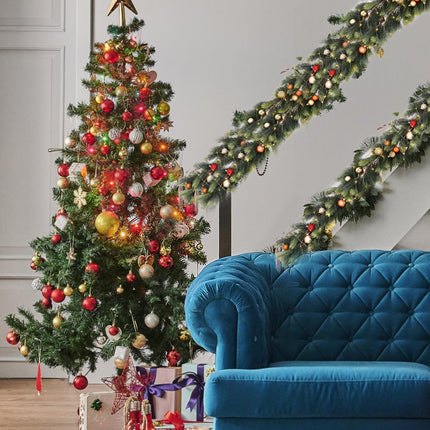 Aokia 6FT Christmas Garland Decoration,Artificial Pine Greenery Garland with 50 Led Lights and 24 Christmas Balls for Christmasy Table Fireplace Wall Home Decoration