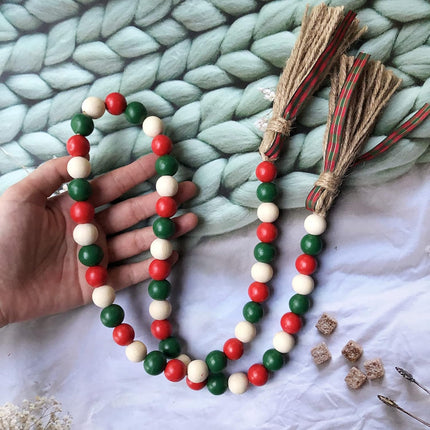 2 Pieces Christmas Wooden Beads Garland 41’’ Farmhouse Garland with Buffalo Plaid Tassel Winter Rustic Tier Tray Decor for Xmas Tree Holiday Ornaments Decor