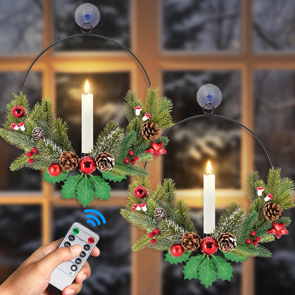 Christmas Wreaths for Front Door Windows: 2Pcs 15 Inch Small Prelit Lighted Xmas Wreaths Battery Operated with Timer LED Taper Candles Lights Decorations for Indoor Outdoor Light Up Winter Holiday