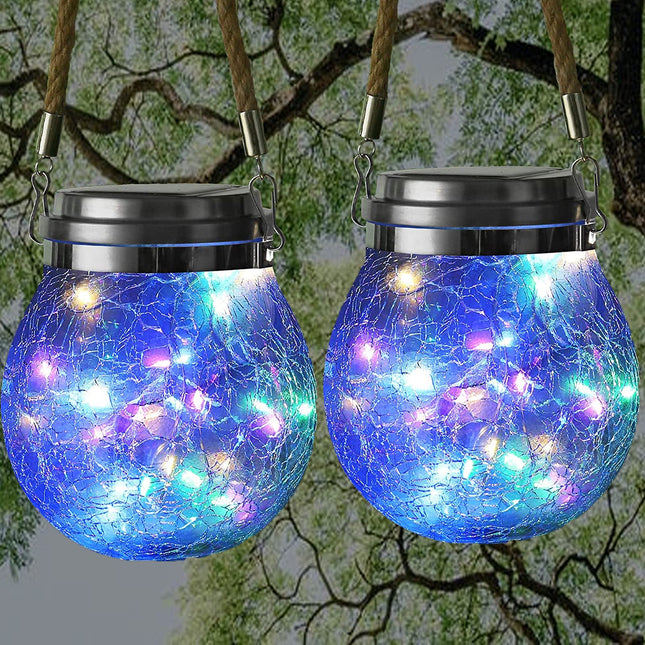Outdoor Hanging Solar Lantern,Ovker 2 Pack 30 LED Solar Powered Cracked Glass Ball Light,Waterproof Glass Jar Fairy String Light for Patio Lawn Yard Party Wedding Christmas Decoration(Multicolor)