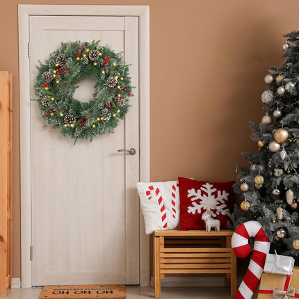 Christmas Wreath Snowy Pre-lit 24 inch with 50 Light & Pine Cone, Artificial Christmas Wreaths for Front Door with Lights, Wreath for Christmas Decoration Door Windows Wall Green