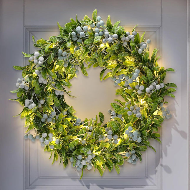 Dingion 16 Inch Flocked Olive Christmas Wreath with Lights Pre-Lit Artificial Christmas Wreath for Front Door Snowy Olive Garland Battery Operated Door Wreath for Fireplace Indoor Outdoor Wall Window