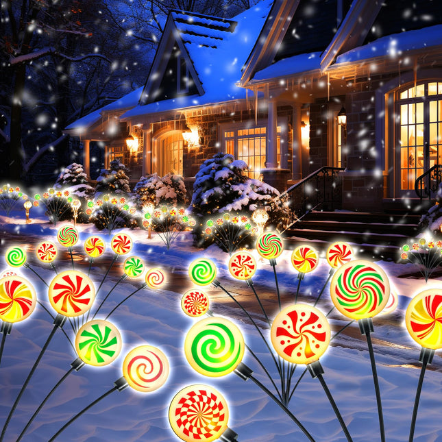 4 Pack 8 Patterns Christmas Decorations with 32 Lollipop Christmas Lights, Solar Christmas Lights Outdoor Waterproof with 8 Modes, Christmas Peppermint Candy Pathway Yard Decor for Garden/Lawn/Patio
