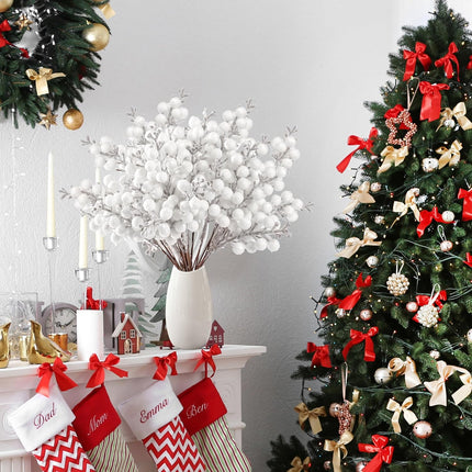 Sggvecsy 30Pcs Christmas Glitter Berries Stems Artificial Red Berry Branches Holly Picks Stems Christmas Tree Ornaments for DIY Xmas Wreath Crafts s Holiday Home Decor (White)