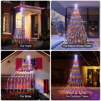 12.5ft Christmas Outdoor Decorations with Remote, 320 LED 9 Strands Waterfall Tree Lights for Yard, 8 Modes & Timing, Waterproof Christmas Lights, Indoor Outdoor Topper Star Lights for Yard Tree