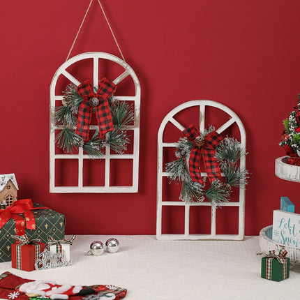 LIGHTURE Wood Christmas Holiday Wall Hanging Indoor Outdoor Decorations Rustic Christmas Window Plaque Signs Wooden Arch with Wreath Christmas Home Party (Red-Black)