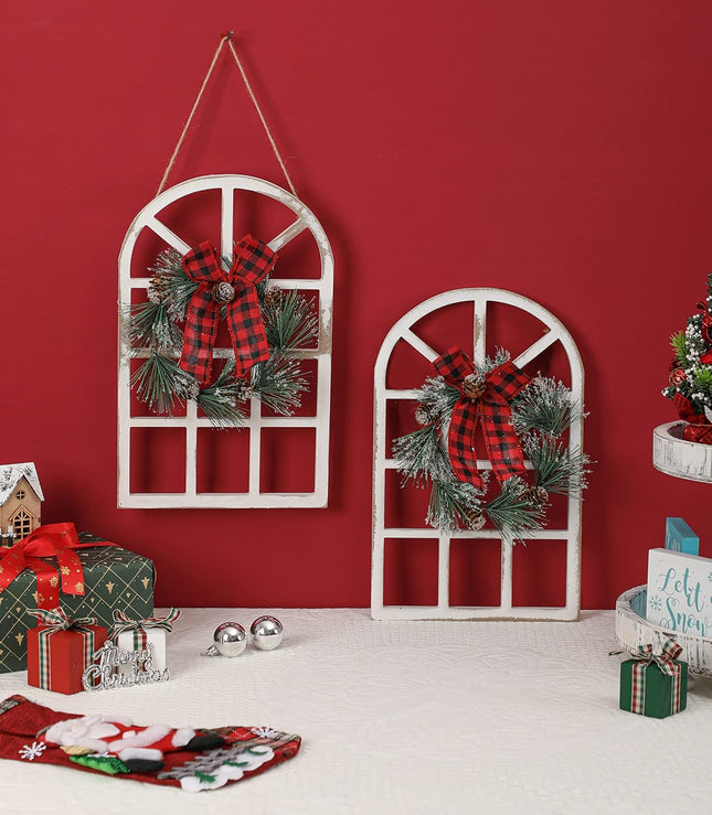 LIGHTURE Wood Christmas Holiday Wall Hanging Indoor Outdoor Decorations Rustic Christmas Window Plaque Signs Wooden Arch with Wreath Christmas Home Party (Red-Black)