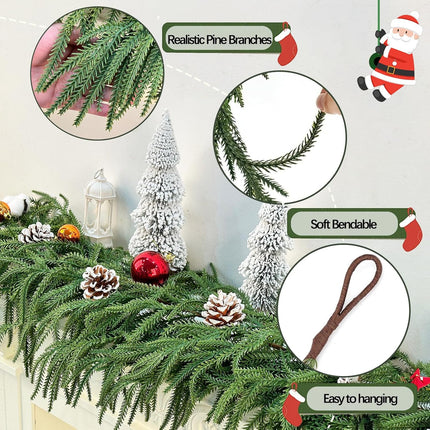 Christmas Norfolk Pine Garlands，Soft Bendable Winter Pine Garland ，Real Touch Artificial Christmas Greenery Garland for Fireplace/Mantle/Table/Window/Stairs/Indoor or Outdoor Xmas Decor（5.2FT）