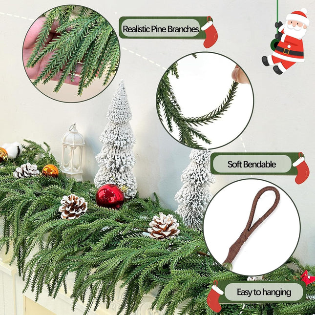 Christmas Norfolk Pine Garlands，Soft Bendable Winter Pine Garland ，Real Touch Artificial Christmas Greenery Garland for Fireplace/Mantle/Table/Window/Stairs/Indoor or Outdoor Xmas Decor（5.2FT）