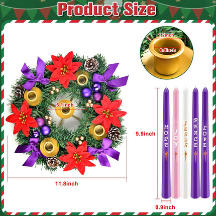 12in Christmas Advent Wreath 5 Candle Holder with Candles, Metal Cups for Taper Candles Advent Wreath and Candles Set Safety Fire Retardant Centerpiece Decorations for Table Indoor Home Church