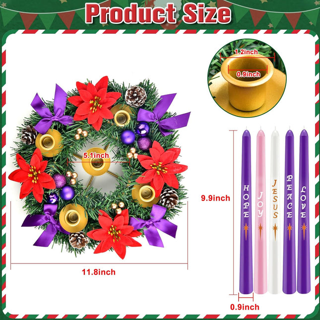 12in Christmas Advent Wreath 5 Candle Holder with Candles, Metal Cups for Taper Candles Advent Wreath and Candles Set Safety Fire Retardant Centerpiece Decorations for Table Indoor Home Church
