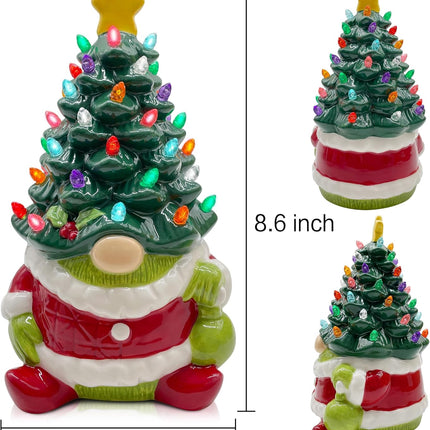 pinata Ceramic Christmas Tree Lighted, Christmas Gnome s for Women Men Kids, Light up Mantle Table Decor Christmas Decorations Indoor Green Gnome Table Centerpieces for Living Room