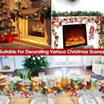 2 Pack Pine Cone Christmas String Lights Christmas Garland, Total 12Ft 40LED Battery Operated Christmas Garland with Lights Timer Red Berry Pinecones Fairy String Lights Xmas Decoration Indoor Outdoor