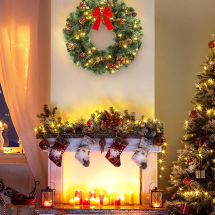 24 Inch Pre-Lit Handcrafted Christmas Wreath for Front Door, IP44 Battery Operated 50 LED Christmas Wreaths, Decor with Pinecones Pine Needles Branches Red Berry Mini Bow, Wreaths for Door Wall Window