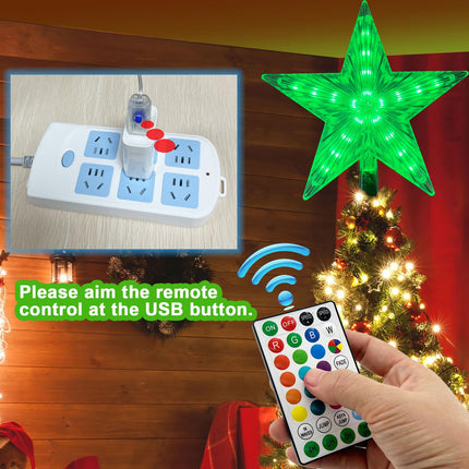 8.6" Christmas Tree Topper Star, RGB LED Lighted Star Tree Top w/Remote Control, 25 Light Modes, Speed, Timer, USB Plug in, Wire 16.4Ft Treetop for Xmas Holiday Party Decorations