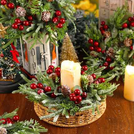 Lyrow 4 Pcs Christmas Candle Rings Wreath Norfolk Pine Garland Red Berry Pinecones Wreaths Artificial Berries Snowy Pine Garland Candle Ring Holder for Christmas Wedding Home Table Centerpiece