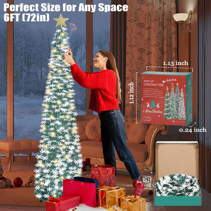 HMASYO 6 FT Pop Up Tinsel Christmas Tree with 100 LED Lights & Remote, Collapsible Artificial Pencil Tree with Snowflake Ornaments Xmas Decoration for Home, Office, Party, USB Powered Timer Lights