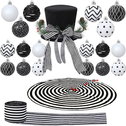 Liliful 33 Pcs Christmas Tree Decoration Set Striped Christmas Tree Skirt Christmas Tree Topper Hat with Bows White and Black Christmas Balls Xmas Ribbons for Xmas Holiday Wedding Party Decorations