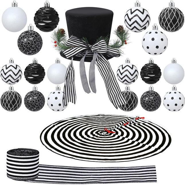 Liliful 33 Pcs Christmas Tree Decoration Set Striped Christmas Tree Skirt Christmas Tree Topper Hat with Bows White and Black Christmas Balls Xmas Ribbons for Xmas Holiday Wedding Party Decorations