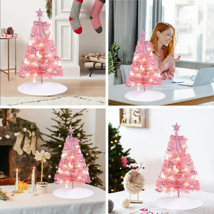 Mini Christmas Tree,24 in/60CM Artificial Small Christmas Tree with Led Lights/Ornaments, Tabletop Christmas Tree for Kids Christmas Decoration s(Pink)
