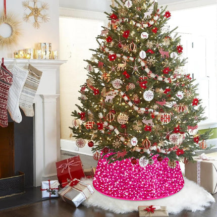 Christmas Tree Collar Hot Pink 23.6 Inches Tree Ring Glitter Christmas Tree Skirt for Winter Holiday Velvet Sequin Xmas Tree Base Collar Rustic Santa Christmas Day Tree Decorations